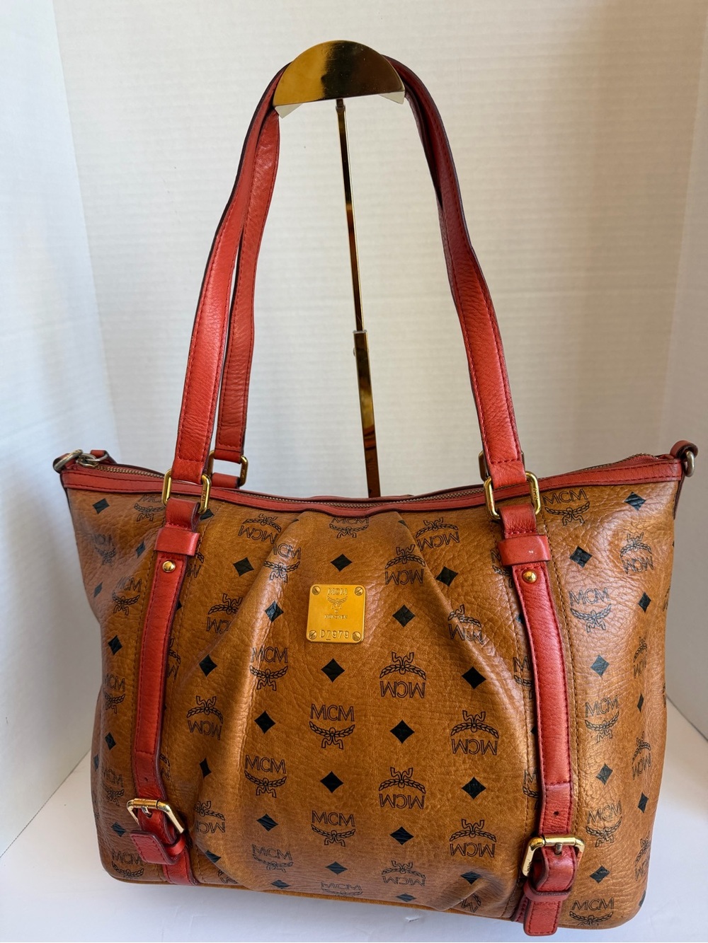 MCM Cognac Visetos Shoulder Bag with Orange Trim